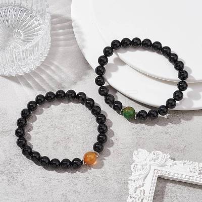 Natural Dyed Peacock Agate & Black Onyx Round Beaded Stretch Bracelets BJEW-TA00408-1