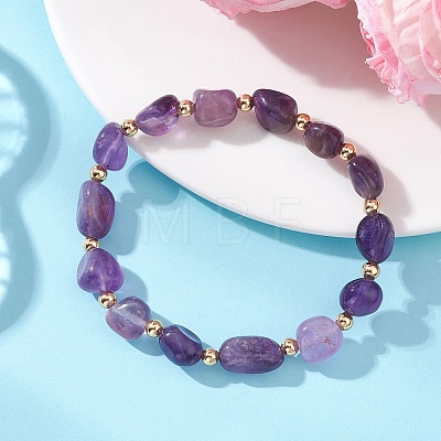 Natural Amethyst & Brass Beads Stretch Bracelets for Women BJEW-JB13414-01-1