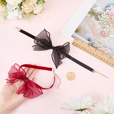 2Pcs 2 Colors Gauze Bowknot Fabric Choker Necklaces for Women AJEW-CP0011-95-1