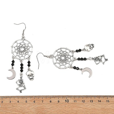 Halloween 304 Stainless Steel & Alloy & Glass Skull & Skeleton & Moon Dangle Earrings EJEW-TA00831-1