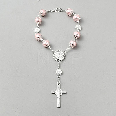 Plastic Imitation Pearl Link Alloy Virgin Cross Charm Rosary Bracelets BJEW-WH0041-52-1
