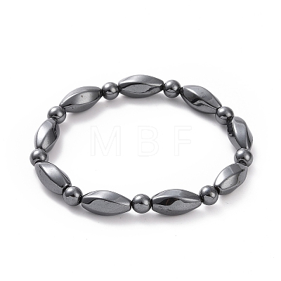 Synthetic Hematite Twist Rectangle & Round Beaded Stretch Bracelet & Beaded Necklace with Magnetic Clasp G-C006-06-1