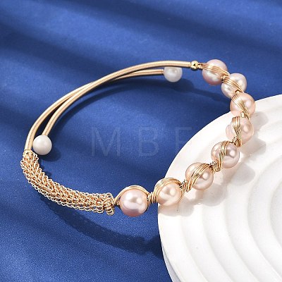 Brass Wire Wrapped Natural  Pearl Cuff Bangles for Women BJEW-D453-05G-1