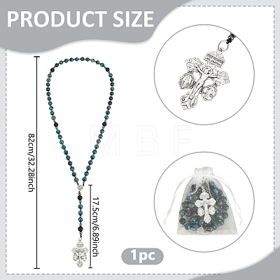 Dyed Natural Cadet Blue Tiger Eye & Synthetic Non-Magnetic Hematite & Lava Rock Round Rosary Bead Necklaces HJEW-DC00192-1