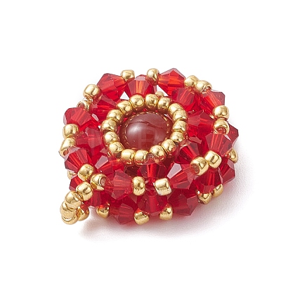 Natural Carnelian(Dyed & Hearted) & Glass Seed Beaded Flat Round Pendants PALLOY-MZ00950-07-1