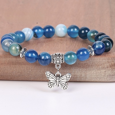 8MM Round Natural Blue Banded Agate(Dyed & Heated) Beaded Stretch Bracelets with Alloy Butterfly Charms FQ7211-18-1