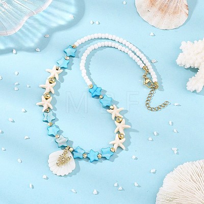 Summer Beach Carved Natural Freshwater Shell and Alloy Shrimp Pendant Starfish Dyed Synthetic Turquoise & Glass Beaded Necklaces for Women NJEW-JN06506-02-1