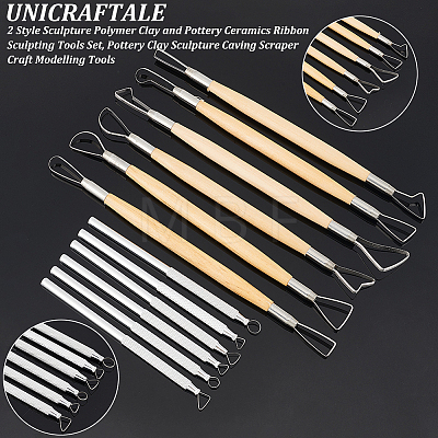 Unicraftale 2 Sets 2 Style Sculpture Polymer Clay and Pottery Ceramics Ribbon Sculpting Tools Set TOOL-UN0001-20-1