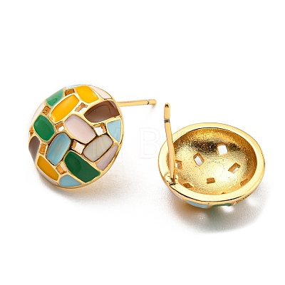 Real 18K Gold Plated Brass Flat Round Stud Earrings with Enamel KK-C026-12G-1