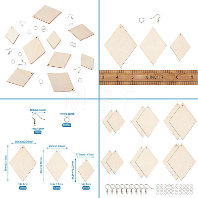 Yilisi DIY Rhombus Shape Natural Wood Pendants Earring Making Kits DIY-YS0001-14-1