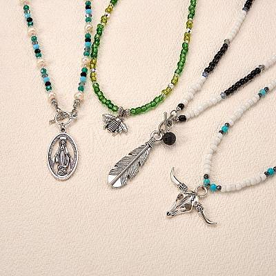 Oval with Virgin Mary & Cattle Head & Bee & Feather Pendant Necklaces Set NJEW-SW00006-1