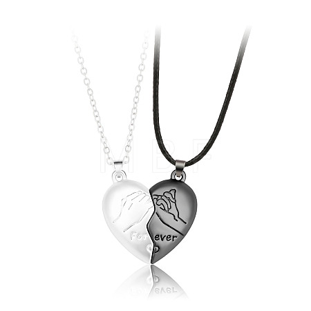 2Pcs Valentine's Day Alloy Forever Heart with Hands Magnetic Pendant Necklaces for Women Men WG7D3EF-04-1