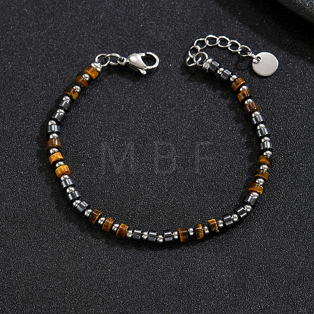 Natural Tiger Eye Heishi Beaded Bracelets with 201 Stainless Steel End Chains OQ4301-1-1