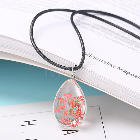 Transparent Glass Inner Dried Flower Teardrop Pendant Black Waxed Cord Necklaces WG346B2-01-1