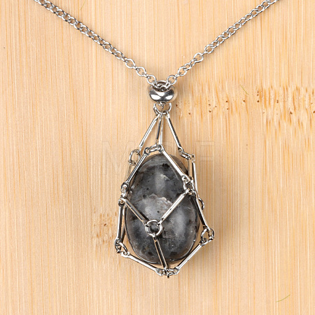 Natural Larvikite Easter Egg Cage Pendant 304 Stainless Steel Cable Chain Necklaces FS-WGA333C-01-1