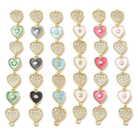 Brass Micro Pave Clear Cubic Zirconia 7 Heart Links Connector Charms KK-H539-14G-1