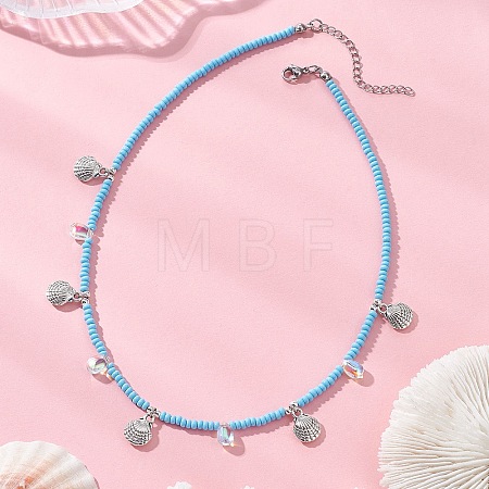 Boho 304 Stainless Steel Shell Shaped Pendant Glass Seed Beaded Necklaces NJEW-MZ00147-01-1