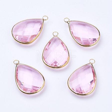 Golden Tone Brass Glass Teardrop Pendants GLAA-M006-A-15G-1