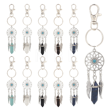 10Pcs Woven Net/Web with Feather Alloy Pendant Decorations HJEW-NB0001-83-1