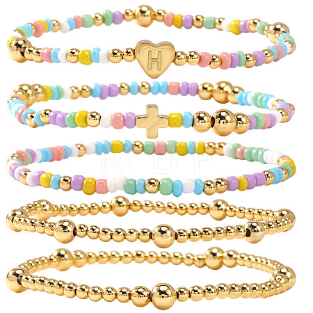 Summer Stainless Steel Heart Alphabet Colorful Glass Seed Beaded Stretch Bracelet Sets JV8929-8-1