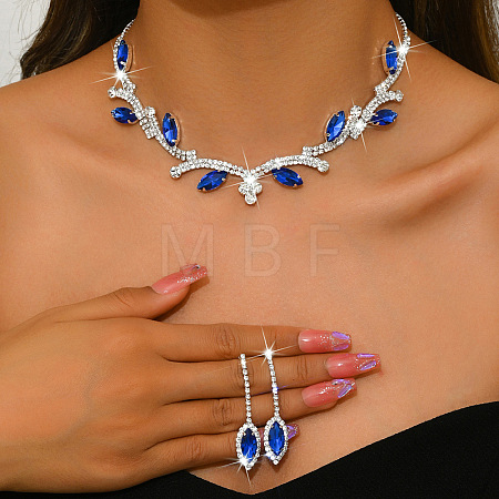 Leaf Brass Rhinestone Stud Dangle Earrings & Pendant Necklaces Set for Women SJEW-M102-03S-02-1