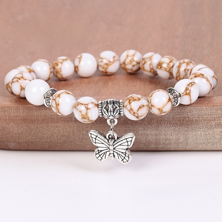 8MM Round Dyed Synthetic Turquoise Beaded Stretch Bracelets with Alloy Butterfly Charms FQ7211-16-1