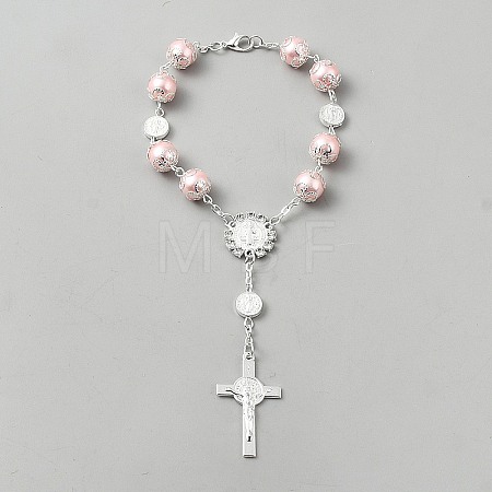 Plastic Imitation Pearl Link Alloy Virgin Cross Charm Rosary Bracelets BJEW-WH0041-52-1