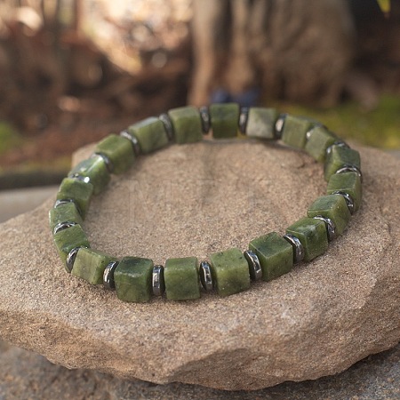 Cube Natural Southern Jade & Synthetic Non-magnetic Hematite Beads Stretch Bracelets for Women Men PF6426-14-1