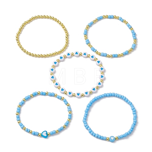5Pcs 5 Styles Heart Acrylic & Glass Seed Beaded Stretch Bracelet Sets BJEW-JB10473-03-1