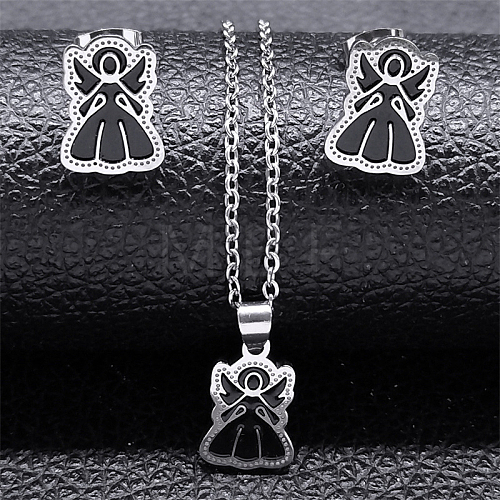 304 Stainless Steel Enamel Angel Stud Earrings & Pendant Necklace Set for Women SJEW-S002-01P-1