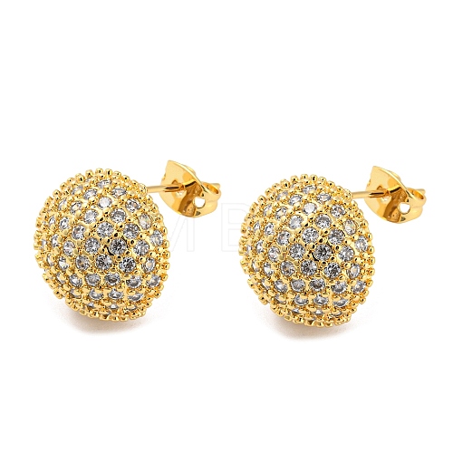 Round Shape Brass Micro Pave Clear Cubic Zirconia Stud Earrings EJEW-Q785-11G-1