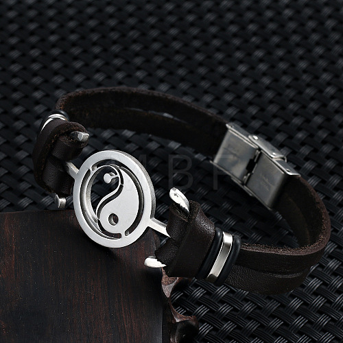 Stainless Steel Yin Yang Link Bracelet with Leather Cords PW-WG54823-02-1