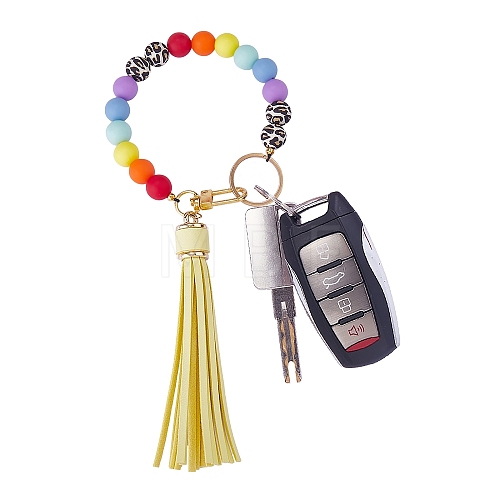 Silicone Round Beaded Keychain with Imitation Leather Tassel KEYC-SW00005-04-1