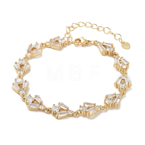 Rack Plating Brass Pave Clear Cubic Zirconia Rectangle & Flat Round Link Chain Bracelets for Women BJEW-R317-10G-1