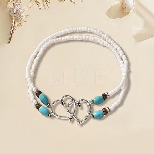 Glass Seed Beads & Alloy Heart Link Anklets WGBE152-01-1