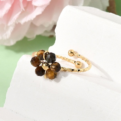 Adjustable 304 Stainless Steel Natural Tiger Eye Cuff Open Rings RJEW-P187-01G-02-1