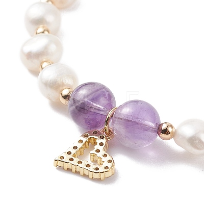 Gemstone & Pearl Beaded Bracelet with Cubic Zirconia Heart Charm BJEW-JB08167-1