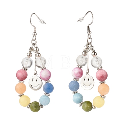Natural Mixed Gemstone Braided Teardrop Dangle Earrings with 201 Stainless Steel Smiling Face Charms EJEW-JE04951-01-1