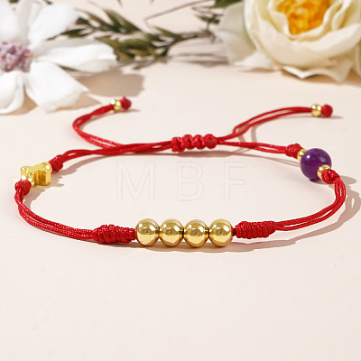 Stylish Round Natural Amethyst & Cross Brass Bead Braided Bracelets GG3213-1