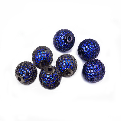 CZ Brass Micro Pave Grade AAA Blue Color Cubic Zirconia Round Beads KK-O065-12mm-03B-NR-1
