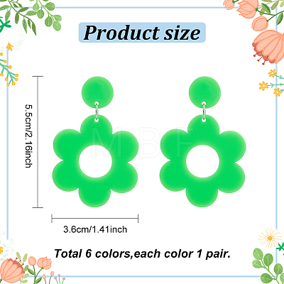 ANATTASOUL 6 Pairs 6 Colors Flower Acrylic Dangle Stud Earrings with Steel Iron Pins for Women EJEW-AN0004-03-1