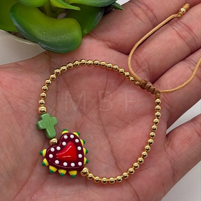Heart Handmade Lampwork & Cross Synthetic Turquoise Bead Braided Bracelets IA3546-4-1