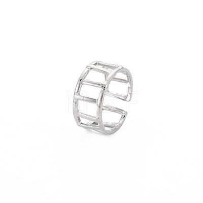 304 Stainless Steel Rectangle Hollow Open Cuff Ring for Women RJEW-S405-161P-1