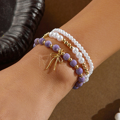 3Pcs 3 Styles Imitation Pearl & CCB Plastic Beads Stretch Bracelets WG0B162-01-1