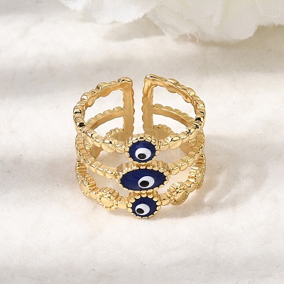 Brass Enamel Evil Eye Open Cuff Rings for Women RJEW-L339-01G-02-1