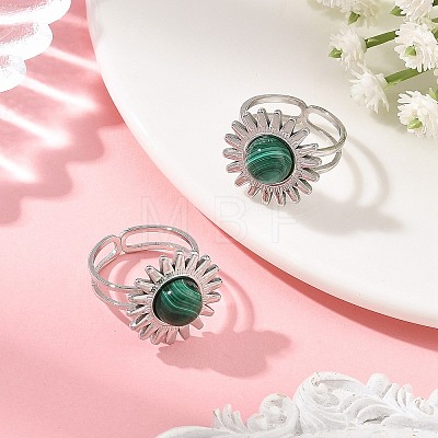 Natural Malachite & Stainless Steel Cuff Open Rings RJEW-JR01091-02-1