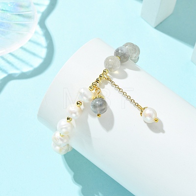 Round Natural Labradorite & Cultured Freshwater Pearl Beaded Charm Bracelets BJEW-JB14061-02-1