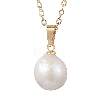 Natural Baroque Pearl Keshi Pearl Round Pendant 304 Stainless Steel Cable Chain Necklaces NJEW-JN05893-1