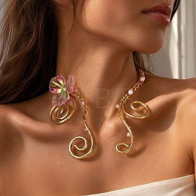 Adjustable Alloy & Resin Flower Spiral Cuff Choker Necklaces with Imitation Pearl WGC7B88-01-1