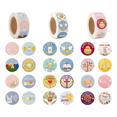 6 Rolls 3 Style Flat Round Easter Theme Pattern Tag Stickers DIY-LS0003-56-1